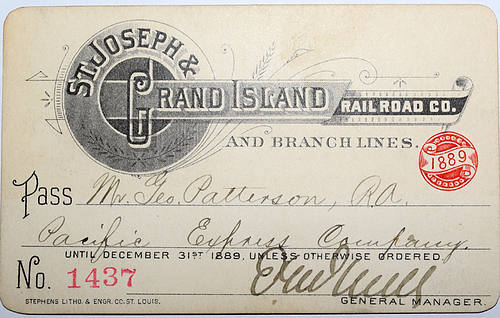 ST JOSEPH & GRAND ISLAND RAILROAD CO AND BRANCH LINES PASS