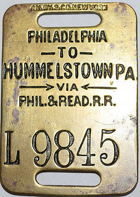 PHIL & READ RR HUMMELSTOWN PA TO PHILADELPHIA L9845 BAGGAGE TAG