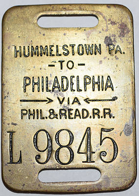 PHIL & READ RR HUMMELSTOWN PA TO PHILADELPHIA L9845 BAGGAGE TAG