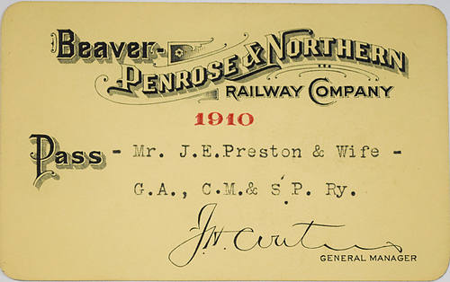 BEAVER PENROSE & NORTHERN RAILWAY COMPANY PASS