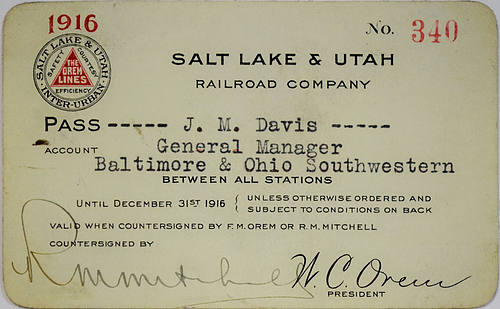 SALT LAKE & UTAH RAILROAD COMPANY PASS