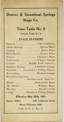 DENVER & STEAMBOAT SPRINGS STAGE CO. TIME TABLE