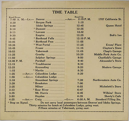 DENVER & STEAMBOAT SPRINGS STAGE CO. TIME TABLE