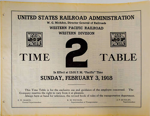 WESTERN PACIFIC RAILROAD TIME TABLE