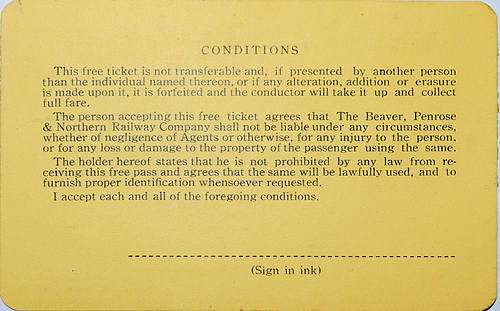 BEAVER PENROSE & NORTHERN RAILWAY COMPANY PASS