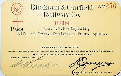 BINGHAM & GARFIELD RAILWAY CO PASS