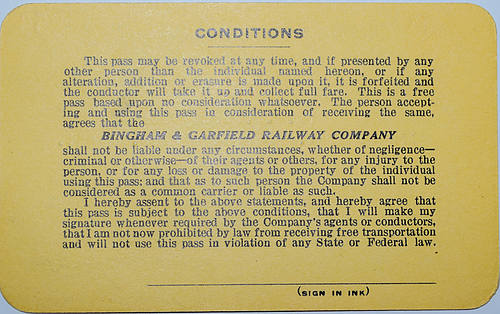 BINGHAM & GARFIELD RAILWAY CO PASS