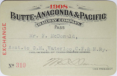 BUTTE ANACONDA & PACIFIC RAILWAY COMPANY PASS