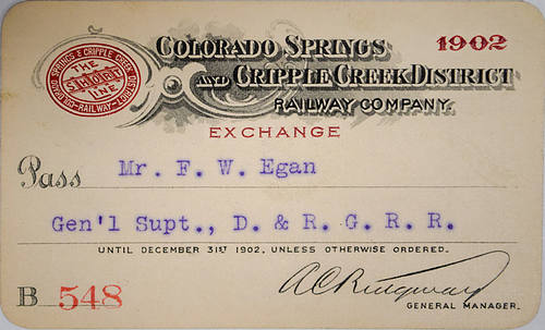 COLORADO SPRINGS & CRIPPLE CREEK DISTRICT RAILWAY COMPANY PASS