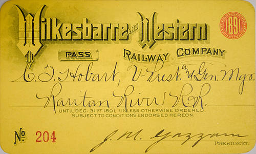 WILKESBARRE & WESTERN RAILWAY COMPANY PASS
