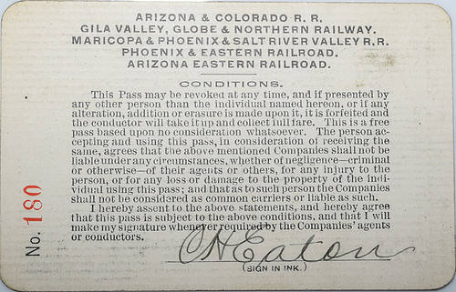 ARIZONA & COLORADO RR, GILA VALLEY, GLOBE & NORTHERN RY, MARICOPA & PHOENIX & SALT RIVER VALLEY RR, PHOENIX & EASTERN RR, ARIZONA EASTERN RR PASS
