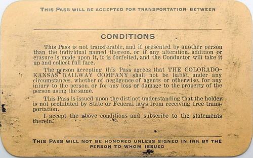 The COLORADO-KANSAS RAILWAY COMPANY PASS
