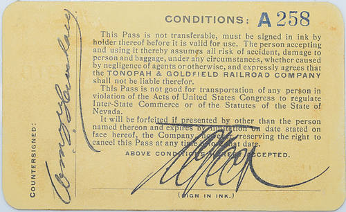 TONOPAH & GOLDFIELD RAILROAD COMPANY PASS