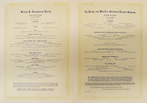 CANADIAN PACIFIC DINING CAR SERVICE MENU