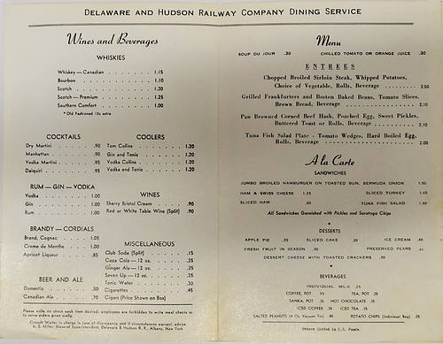 DELAWARE & HUDSON DINING CAR SERVICE MENU