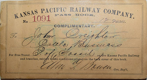 KANSAS PACIFIC RAILWAY COMPANY PASS BOOK