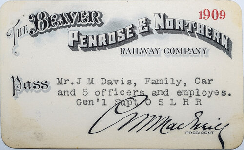 BEAVER PENROSE & NORTHERN RAILWAY COMPANY PASS