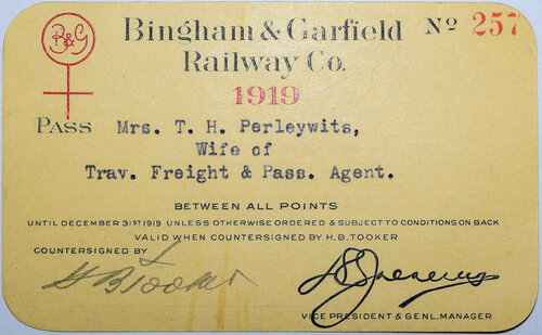 BINGHAM & GARFIELD RAILWAY CO PASS