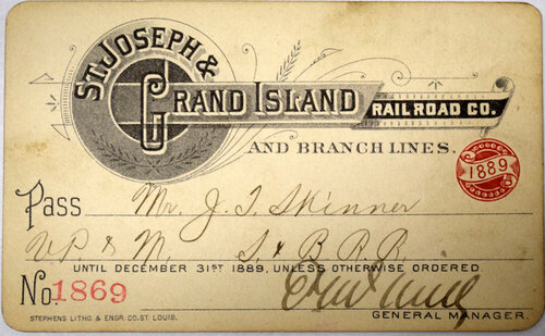 St JOSEPH & GRAND ISLAND RAILROAD CO. PASS