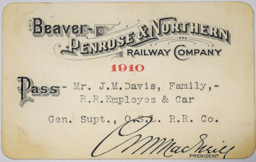 BEAVER PENROSE & NORTHERN RAILWAY COMPANY PASS