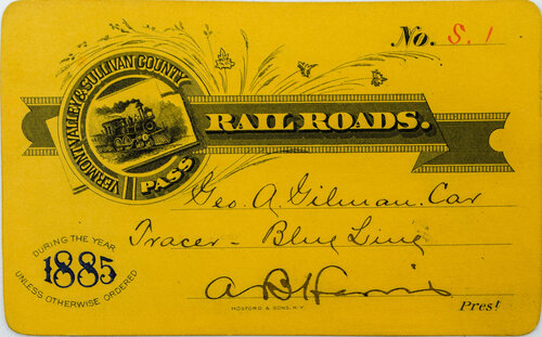 VERMONT VALLEY & SULLIVAN COUNTY RAILROADS PASS