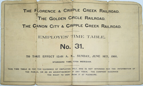 FLORENCE & CRIPPLE CREEK EMPLOYES TIME TABLE