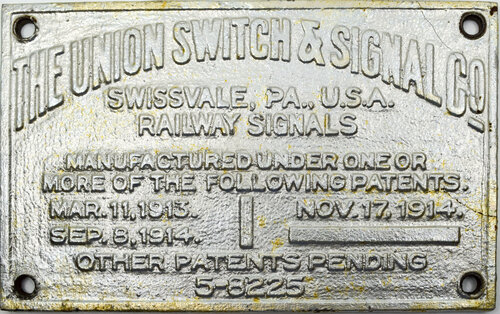 UNION SWITCH & SIGNAL PATENT PLATE