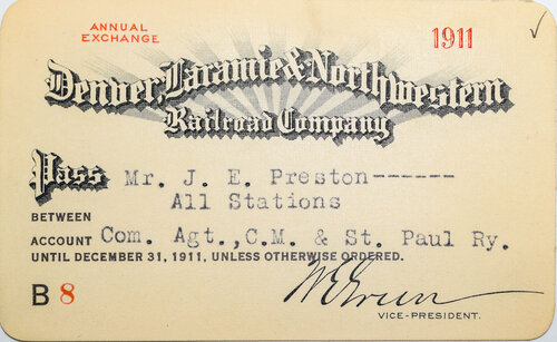 DENVER LARAMIE & NORTHWESTERN RAILROAD COMPANY PASS