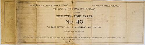 FLORENCE & CRIPPLE CREEK RR/ GOLDEN CIRCLE RR/ CANON CITY & CRIPPLE CREEK RAILROAD TIMETABLE