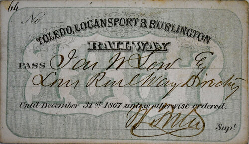 TOLEDO LOGANSPORT & BURLINGTON RAILWAY PASS  
