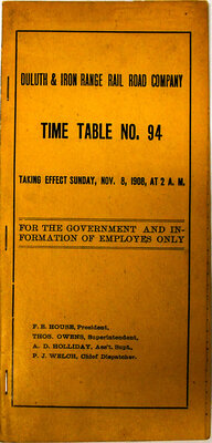 DULUTH & IRON RANGE RR TIME TABLE  
