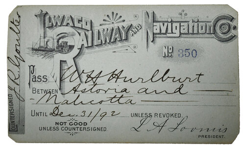 ILWACO RAILWAY & NAVIGATION CO. PASS