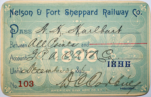 NELSON & FORT SHEPPARD RAILWAY CO PASS