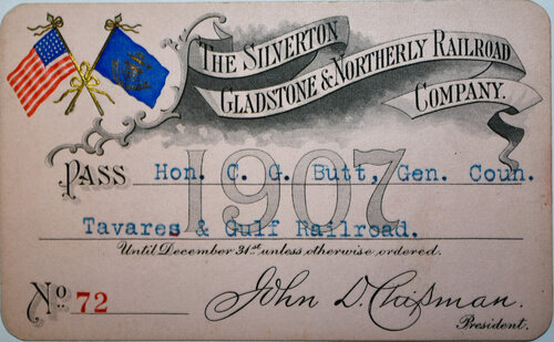SILVERTON GLADSTONE & NORTHERLY RAILROAD COMPANY PASS