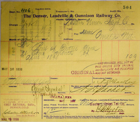 DENVER LEADVILLE & GUNNISON RAILWAY VOUCHER